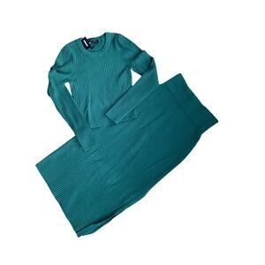 NWT Express Women's Ribbed Knit Midi Pencil Skirt Sweater Set Petrol Green Small